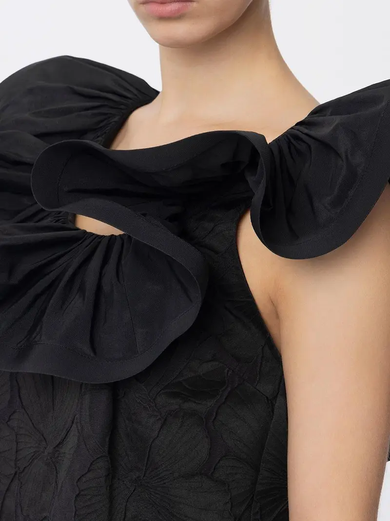 Abito in jacquard floreale con ruche Nero miniatura 2