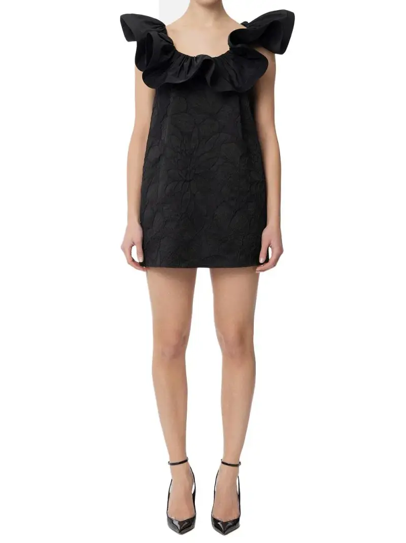 Abito in jacquard floreale con ruche Nero