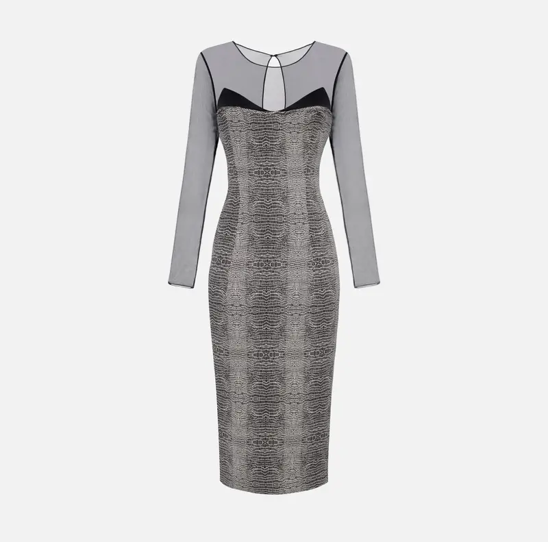 Abito in tulle, raso e crêpe con stampa pitone