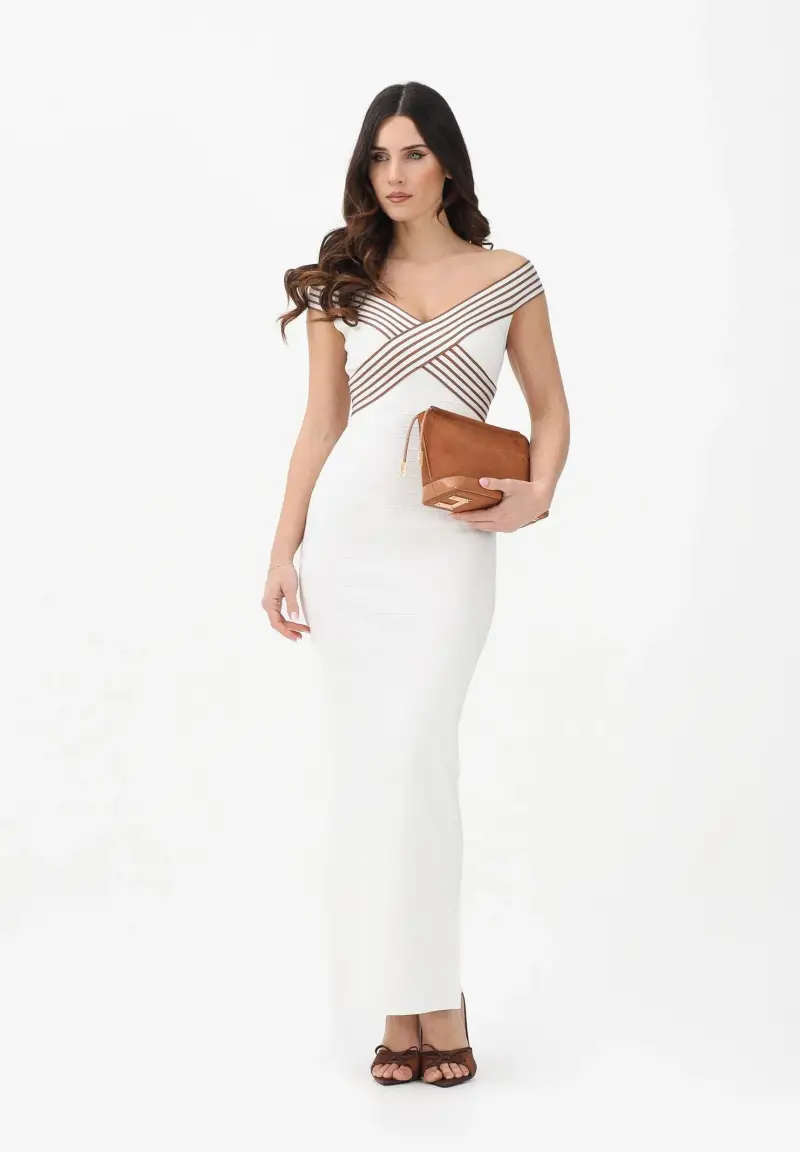 Abito lungo avorio da donna con bande a righe miniatura 2