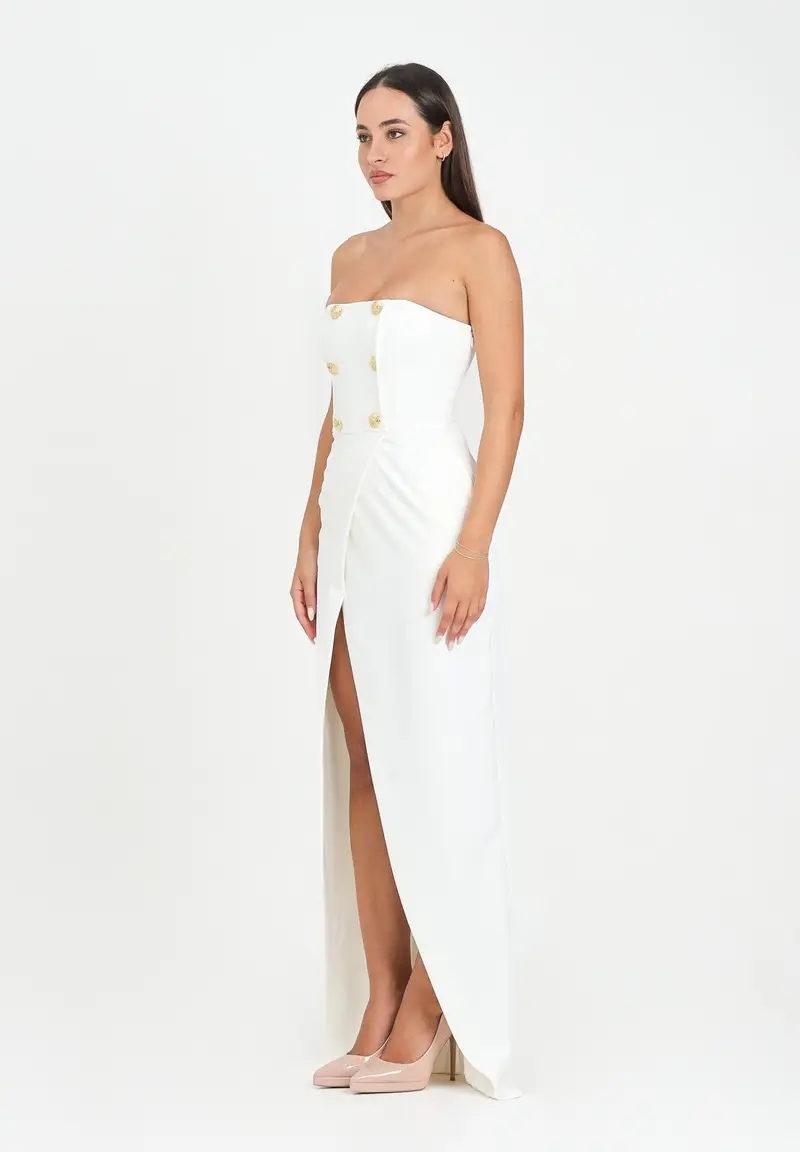 ELISABETTA FRANCHI Abito lungo avorio da donna in crêpe leggero con bottoni