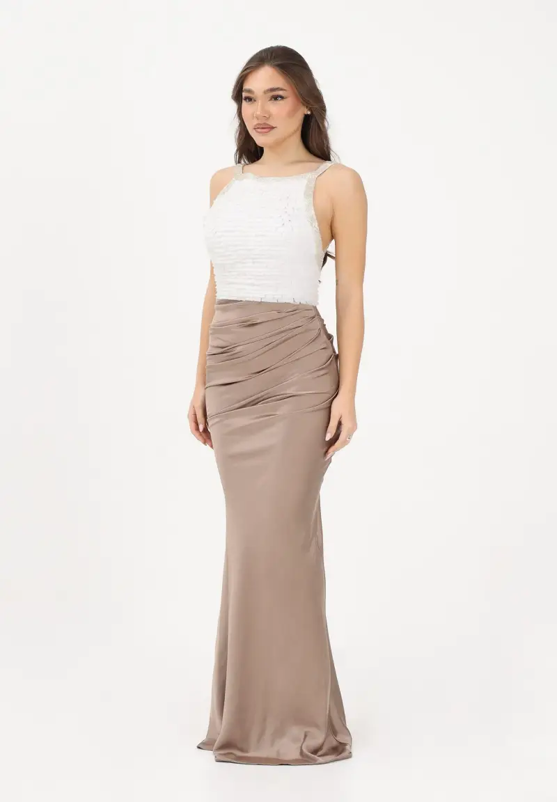 Abito lungo avorio e argilla da donna in raso e tulle