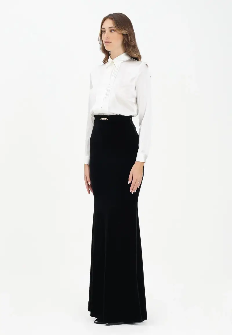 Abito lungo bianco e nero da donna in raso e velluto