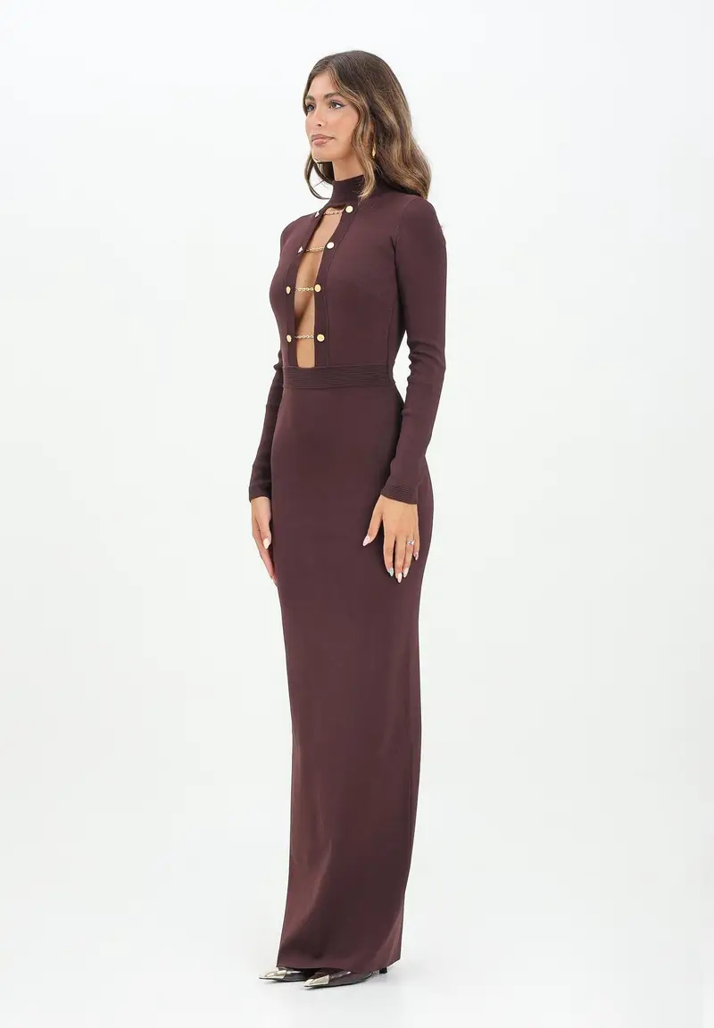 Abito lungo bordeaux da donna con gemelli gioiello