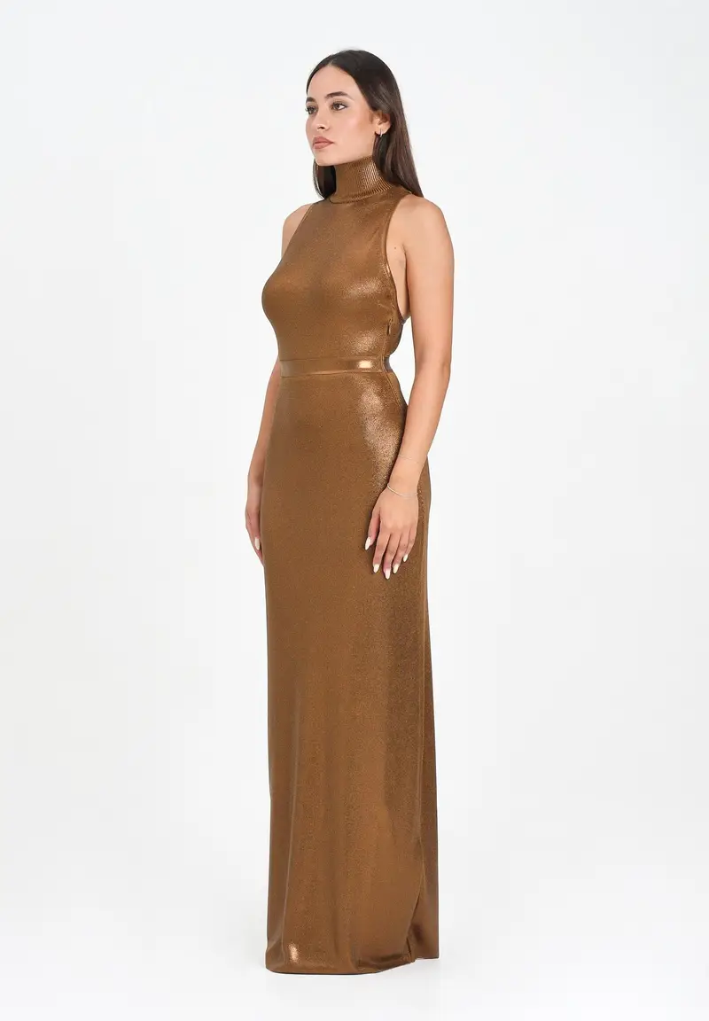 ELISABETTA FRANCHI Abito lungo bronzo da donna in maglia laminata