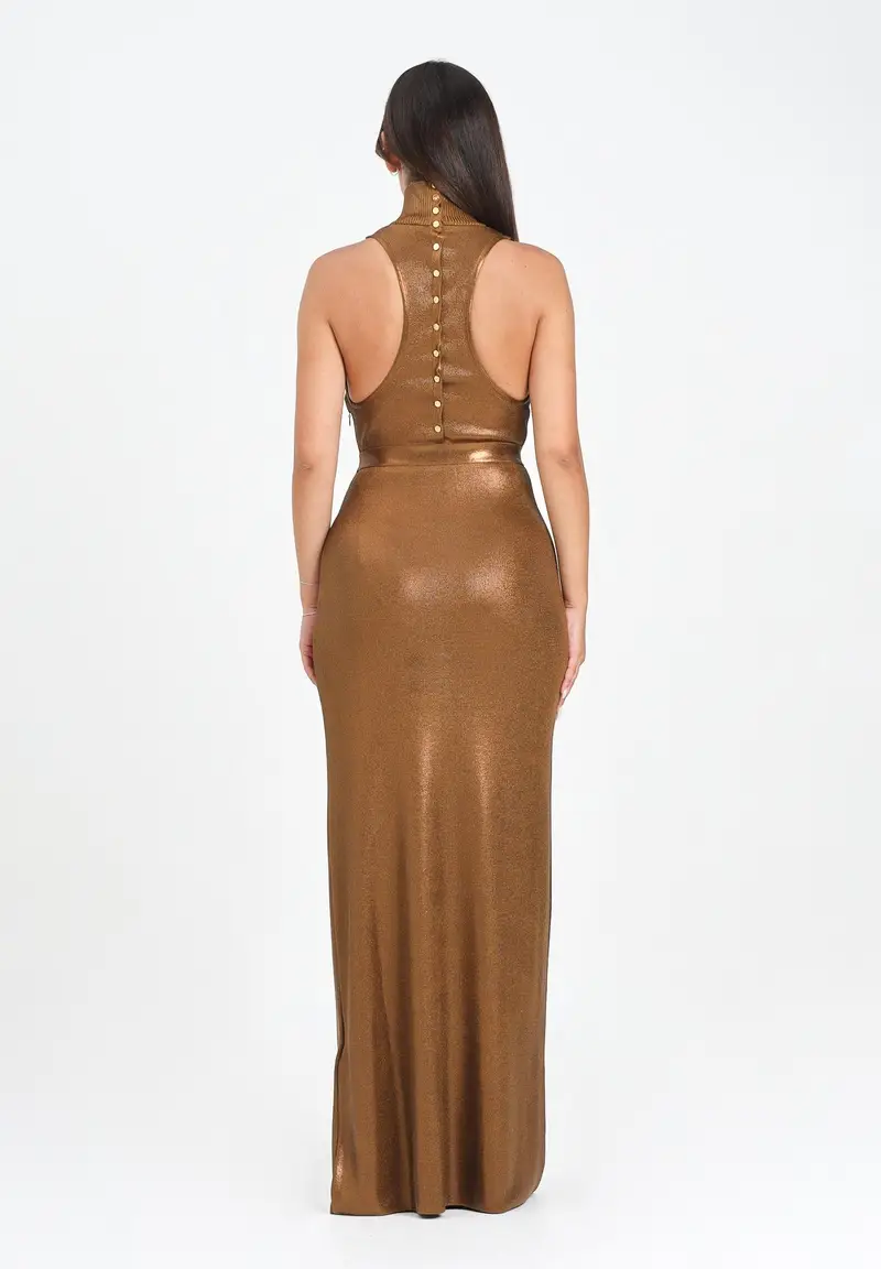 ELISABETTA FRANCHI Abito lungo bronzo da donna in maglia laminata miniatura 3