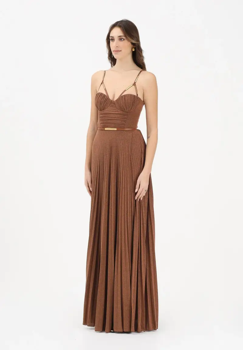 Abito lungo cuoio da donna in jersey lamé
