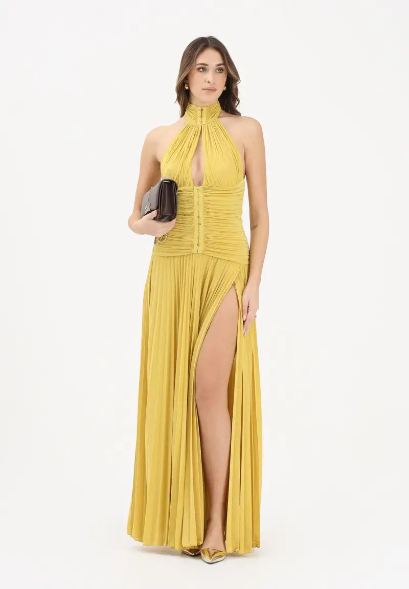 Abito lungo giallo da donna in jersey lamé miniatura 2