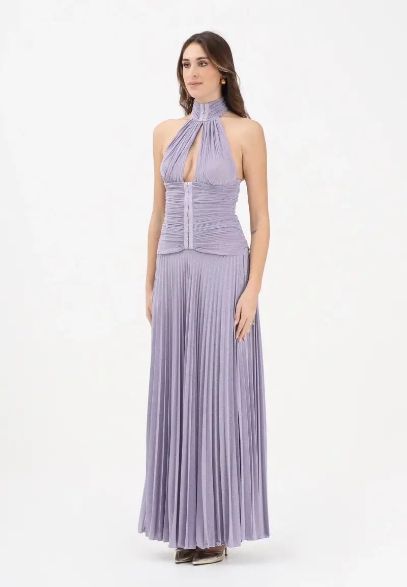 Abito lungo lilla da donna in jersey lamé