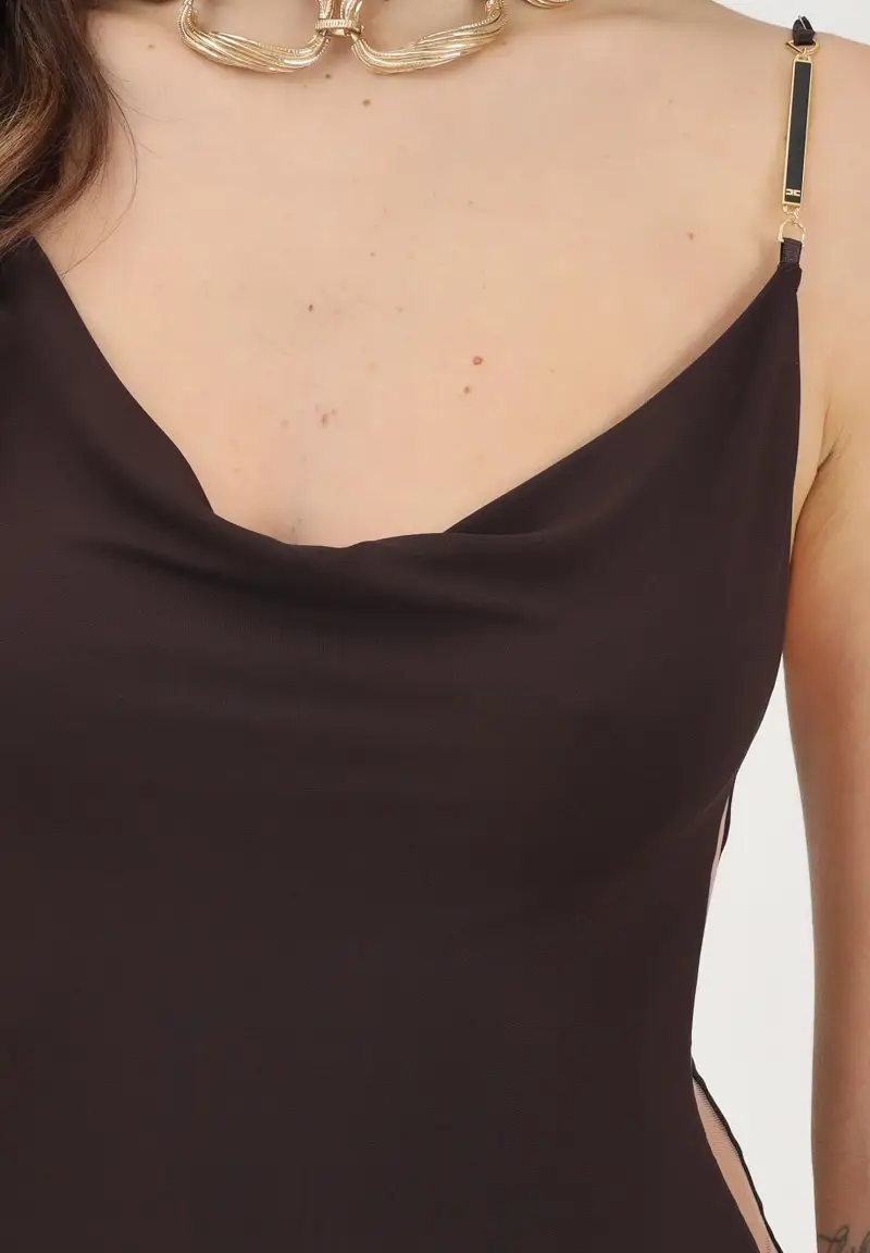 Abito lungo marrone da donna con trasparenza miniatura 3