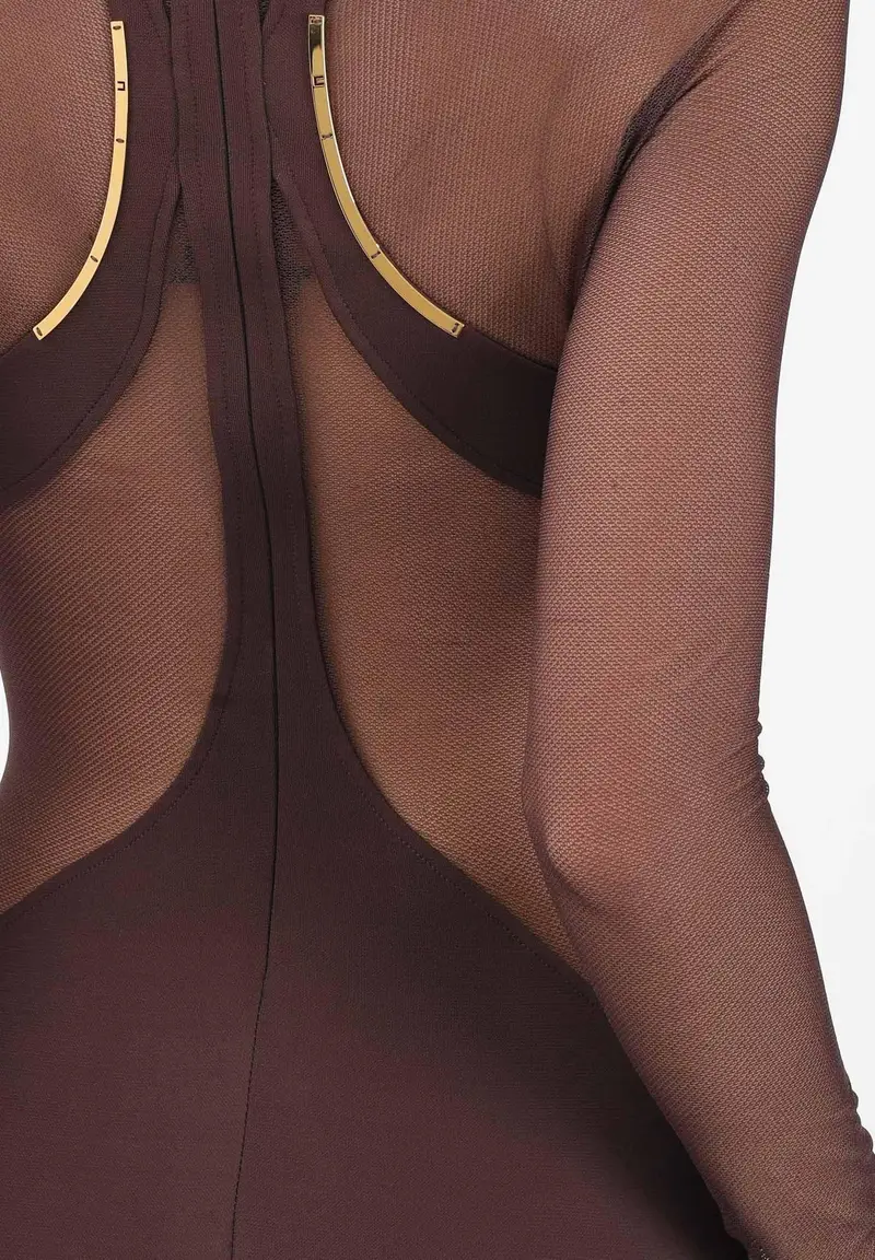 Abito lungo marrone da donna con trasparenze miniatura 3