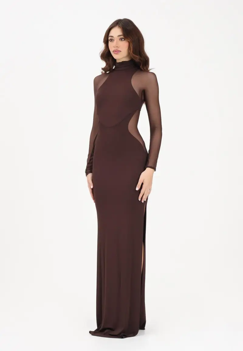 Abito lungo marrone da donna con trasparenze