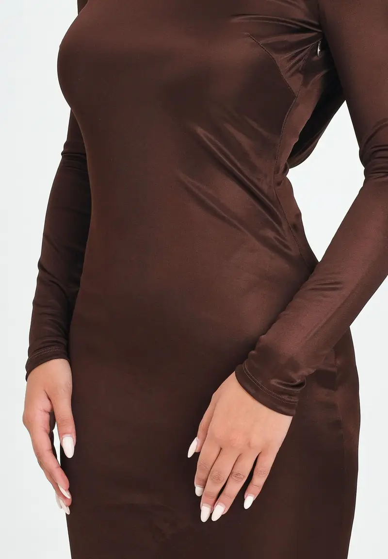 ELISABETTA FRANCHI Abito lungo marrone da donna in jersey di viscosa lucida miniatura 2