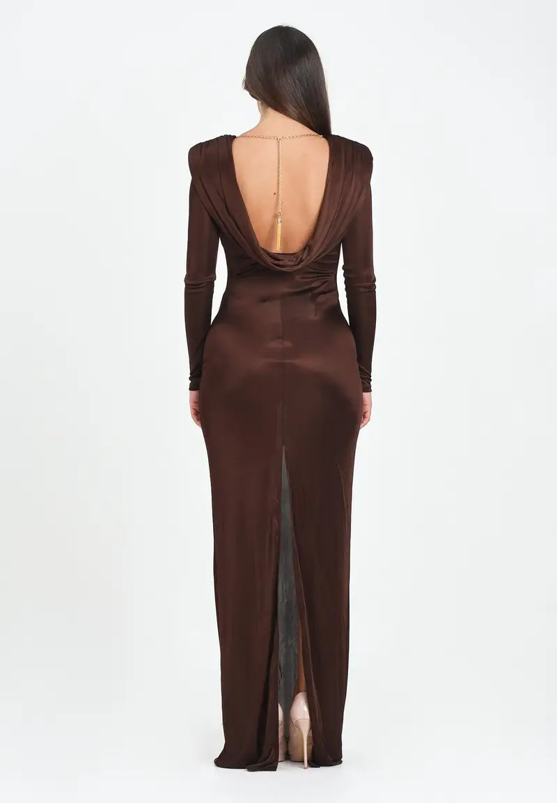 ELISABETTA FRANCHI Abito lungo marrone da donna in jersey di viscosa lucida miniatura 3
