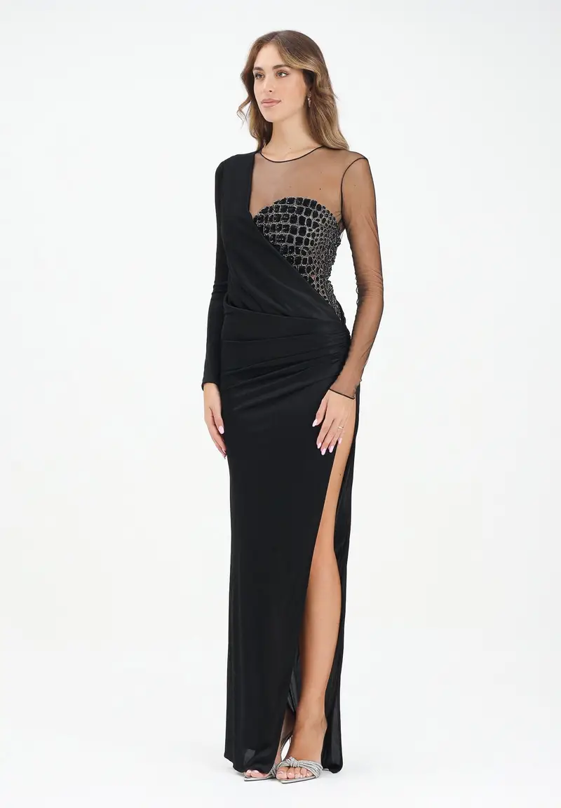 Abito lungo nero da donna con corpetto arricchito da strass
