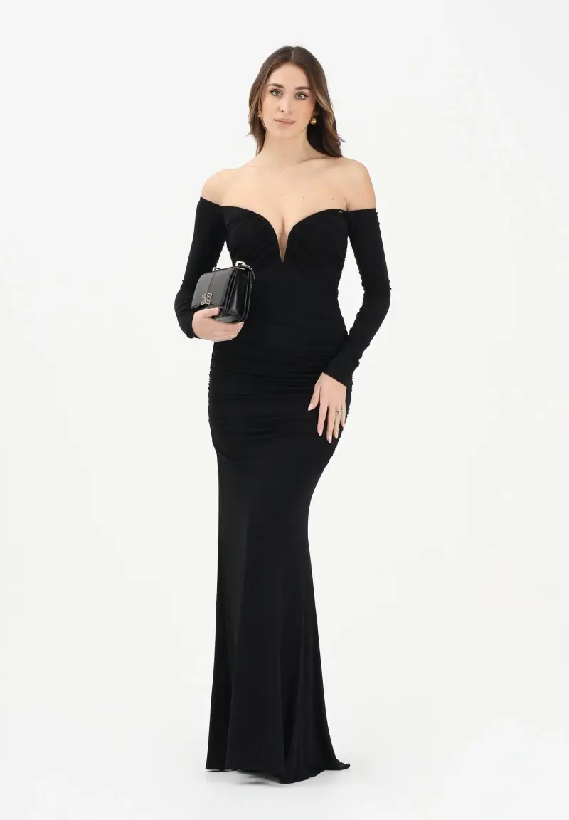 Abito lungo nero da donna con drappeggi miniatura 2