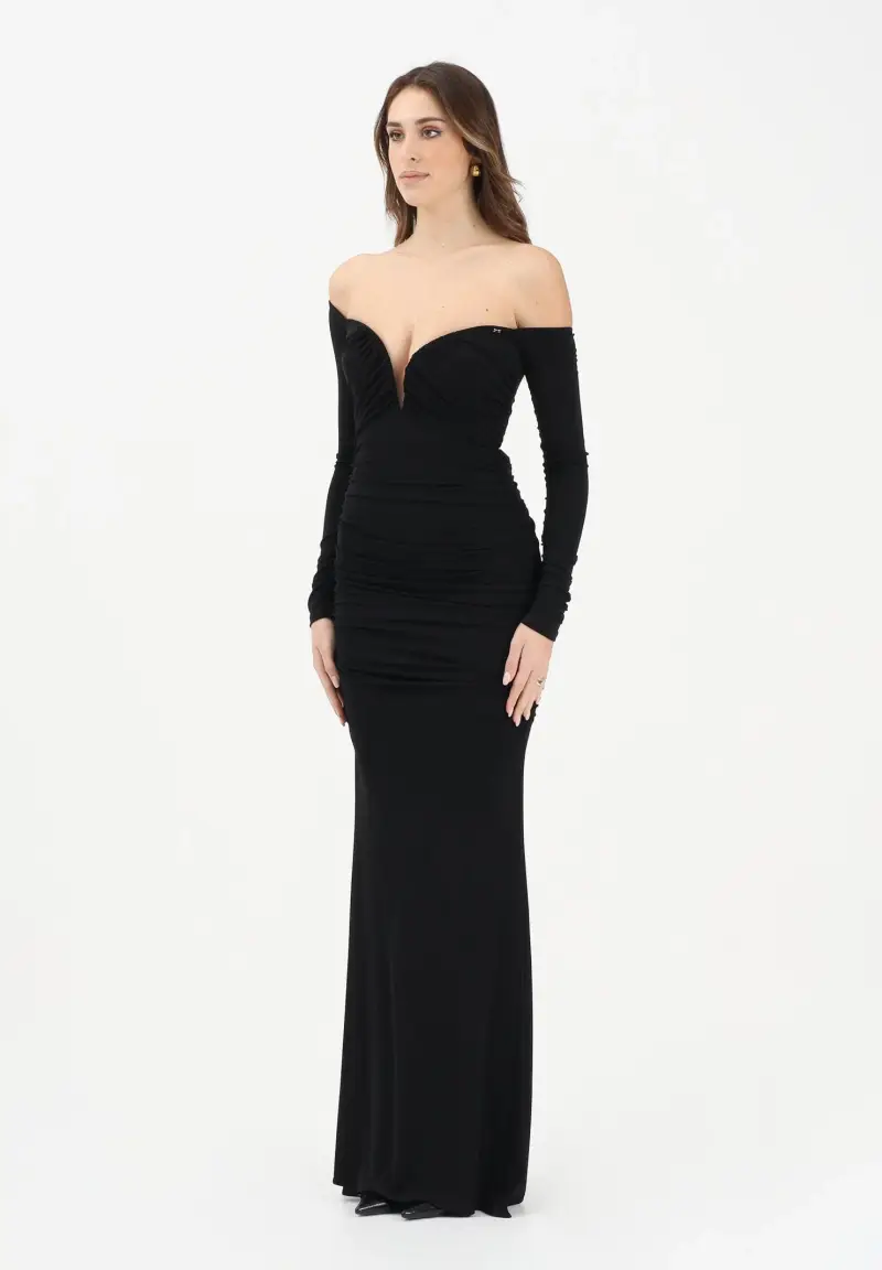 Abito lungo nero da donna con drappeggi