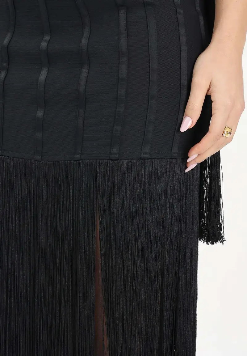 Abito lungo nero da donna con frange miniatura 3