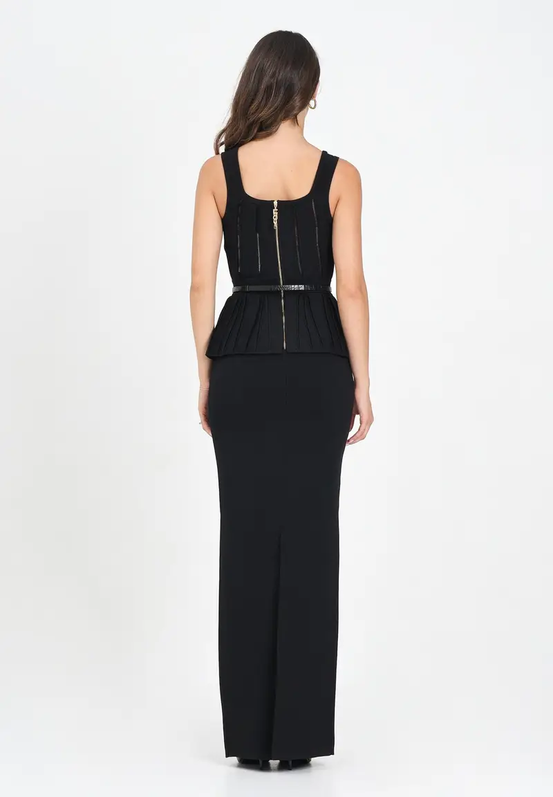 ELISABETTA FRANCHI Abito lungo nero da donna in maglia con baschina miniatura 3