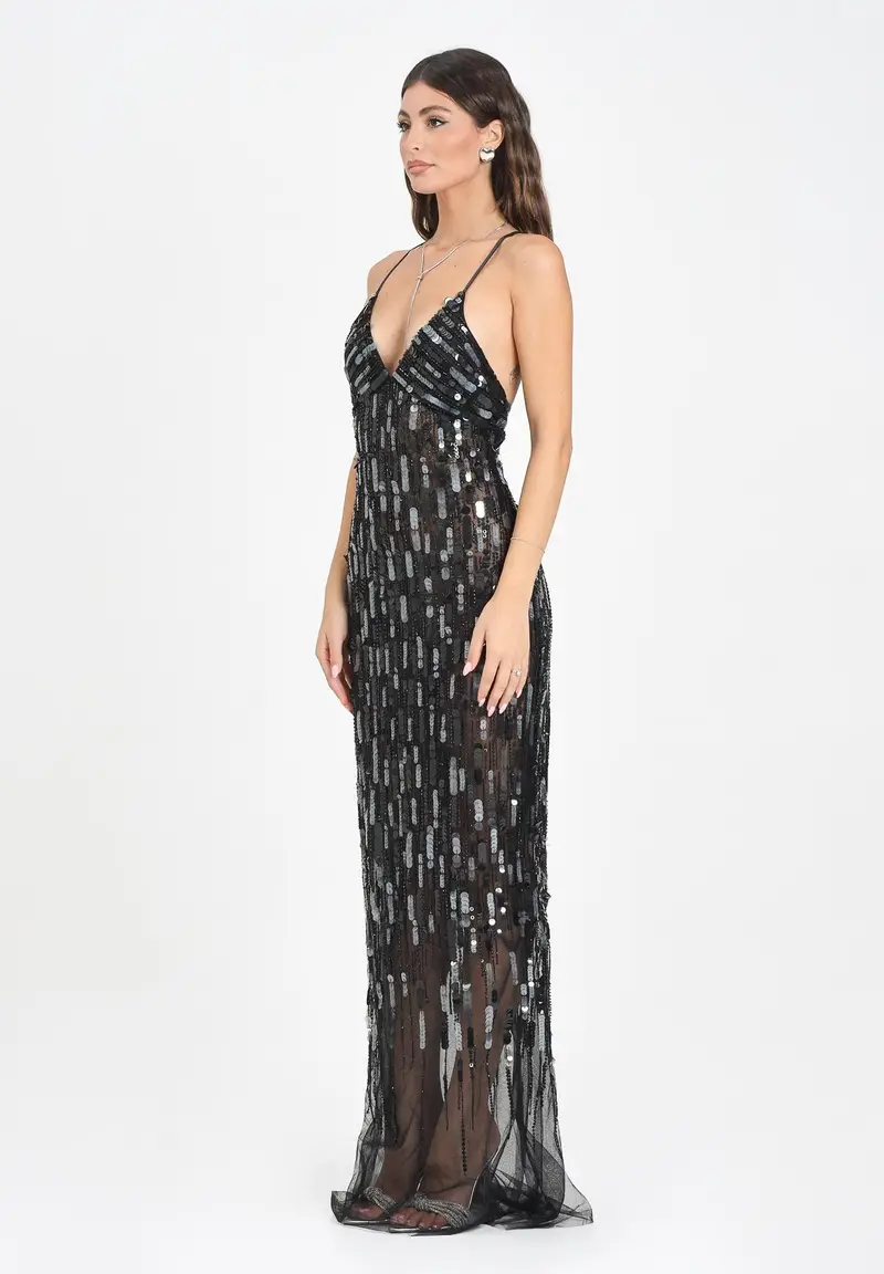 ELISABETTA FRANCHI Abito lungo nero da donna in tulle con paillettes