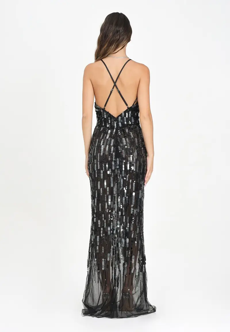 ELISABETTA FRANCHI Abito lungo nero da donna in tulle con paillettes miniatura 3