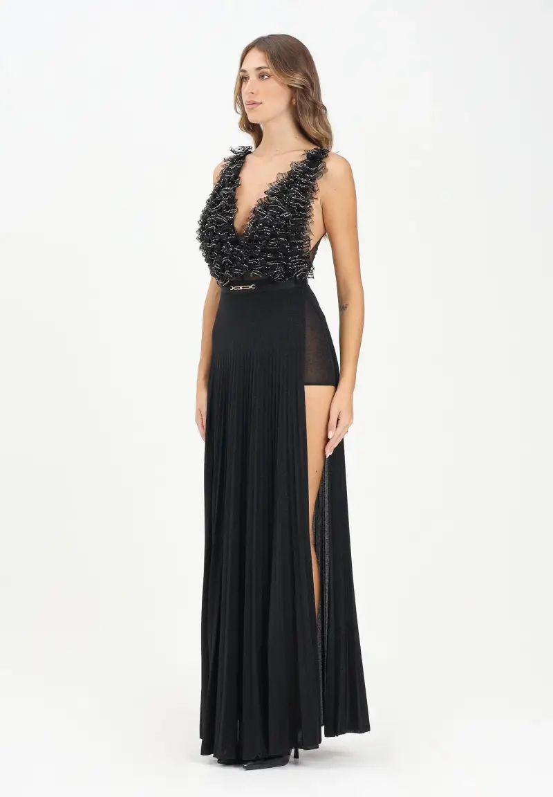 Abito lungo nero da donna in tulle e jersey con cristalli