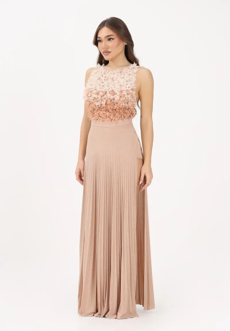 Abito lungo nude da donna in tulle e jersey lurex