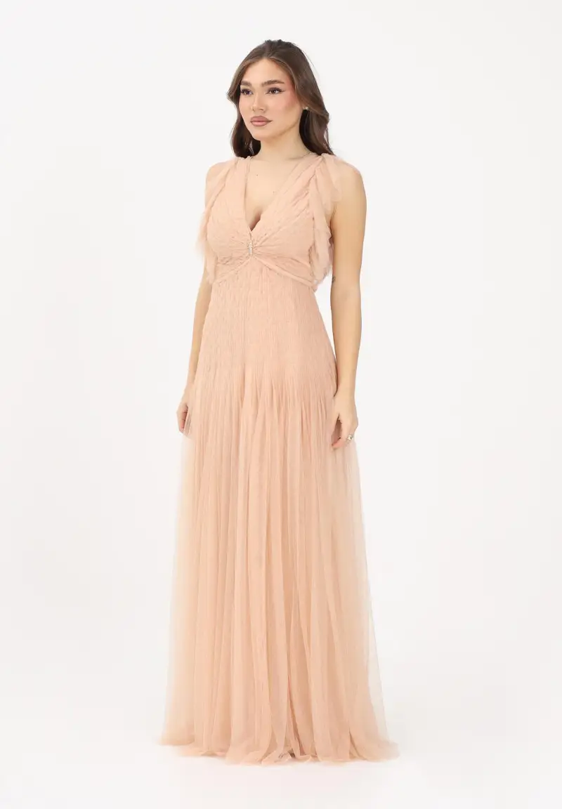Abito lungo nude da donna in tulle