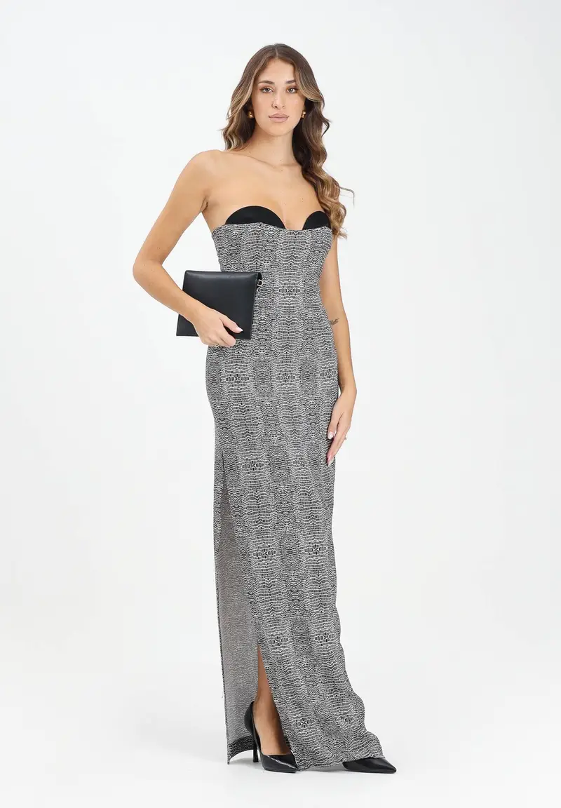 Abito lungo panna e nero da donna con stampa pitone miniatura 2