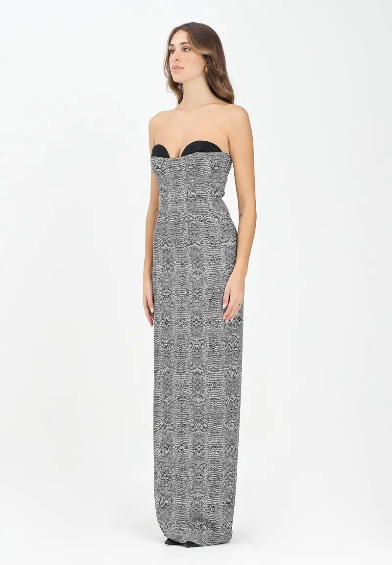 Abito lungo panna e nero da donna con stampa pitone