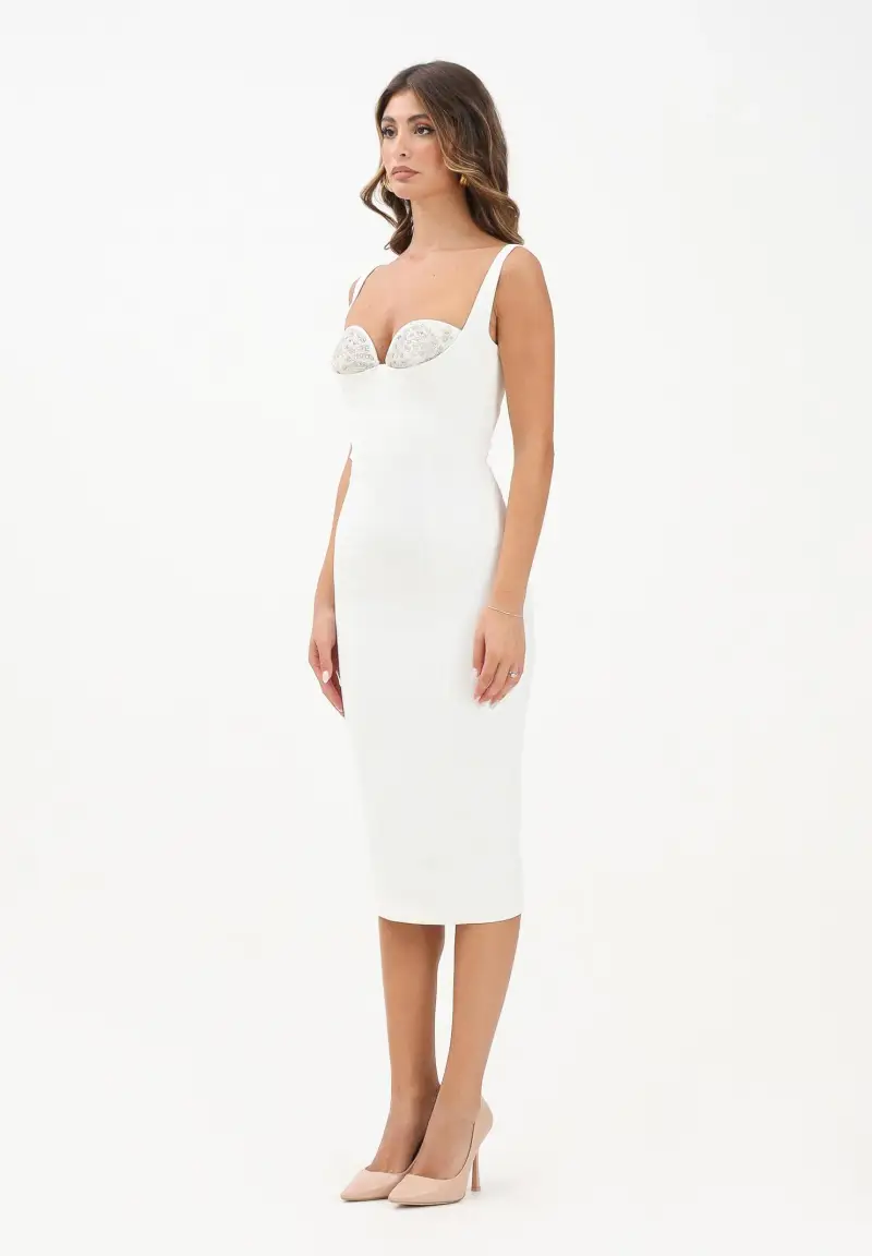 Abito midi avorio da donna con cristalli