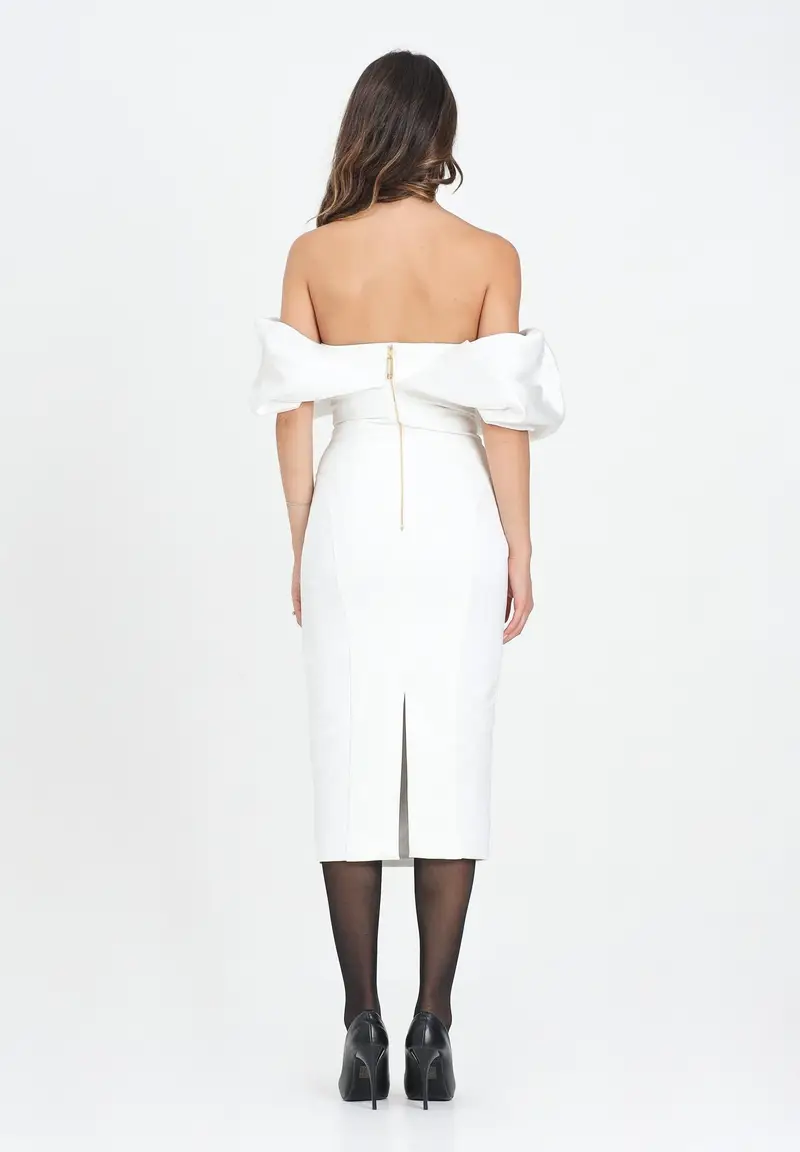 ELISABETTA FRANCHI Abito midi avorio da donna con scollo 3D miniatura 3