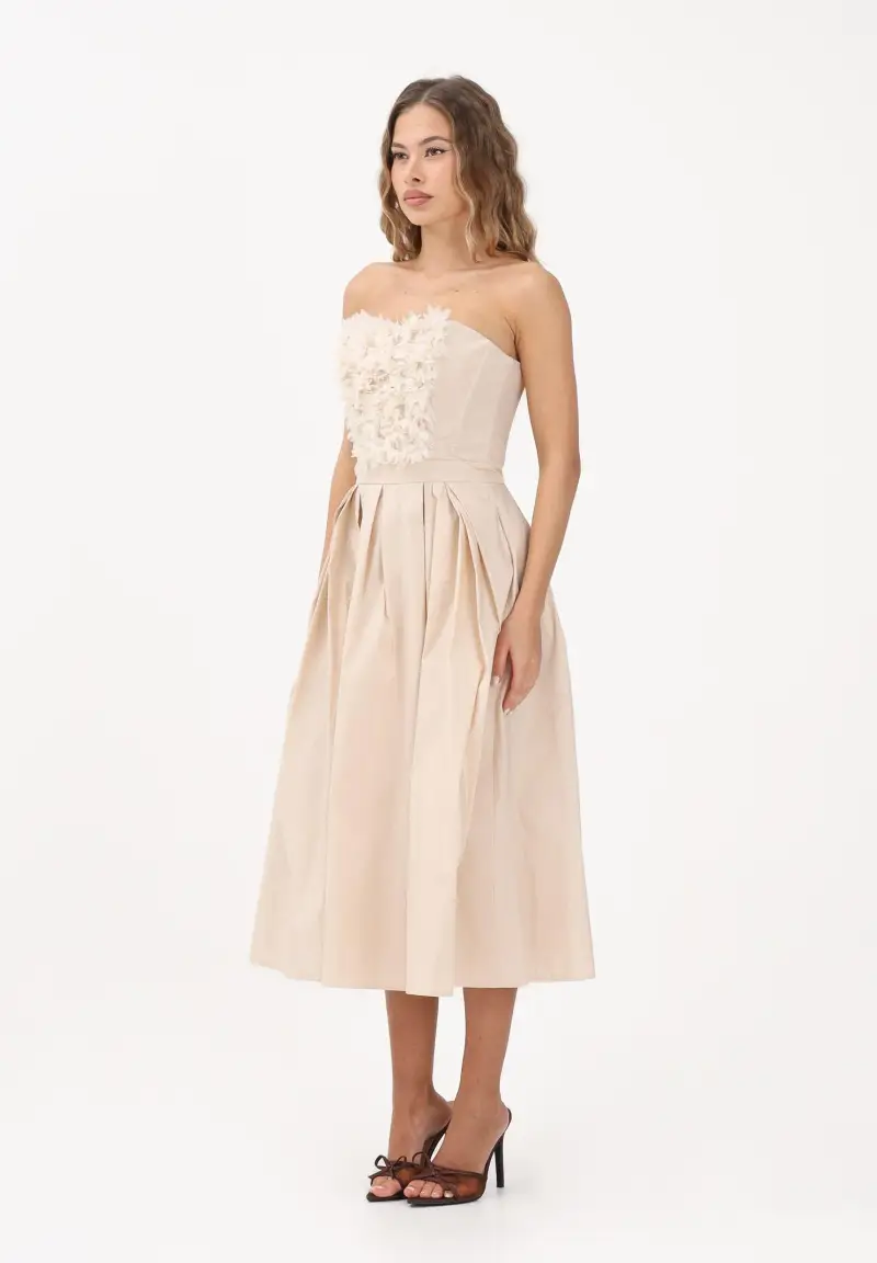 Abito midi beige da donna con ricami floreali 3D