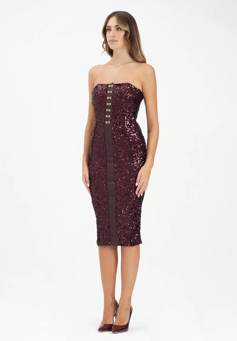 Abito midi bordeaux da donna completamente ricoperto di paillettes