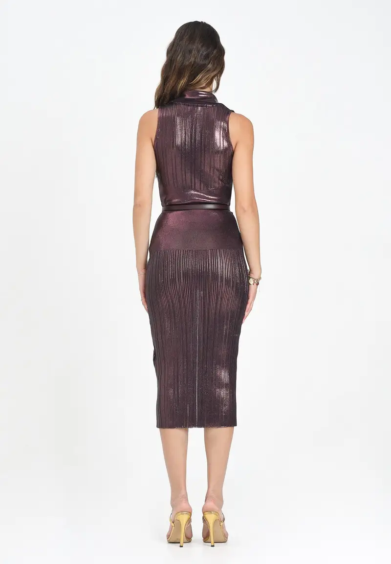 ELISABETTA FRANCHI Abito midi bordeaux da donna in maglia laminata miniatura 3