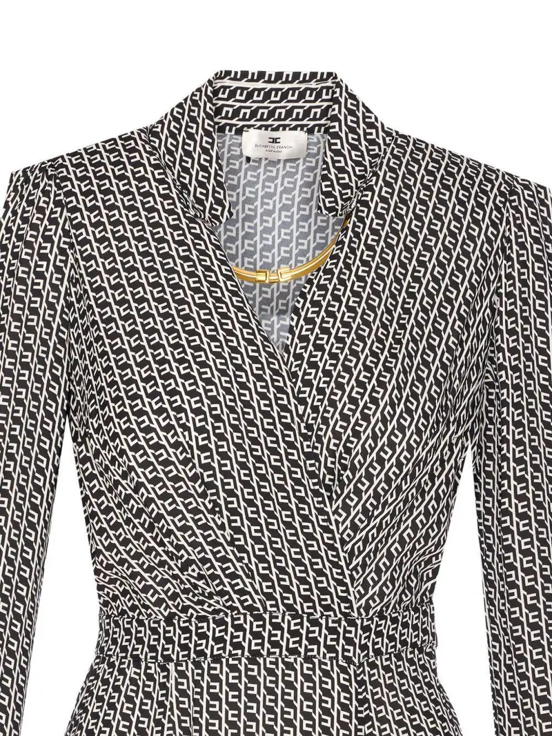 Abito Midi con Scollo a V e Stampa Geometrica Nero miniatura 2