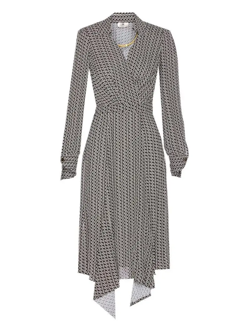 Abito Midi con Scollo a V e Stampa Geometrica Nero