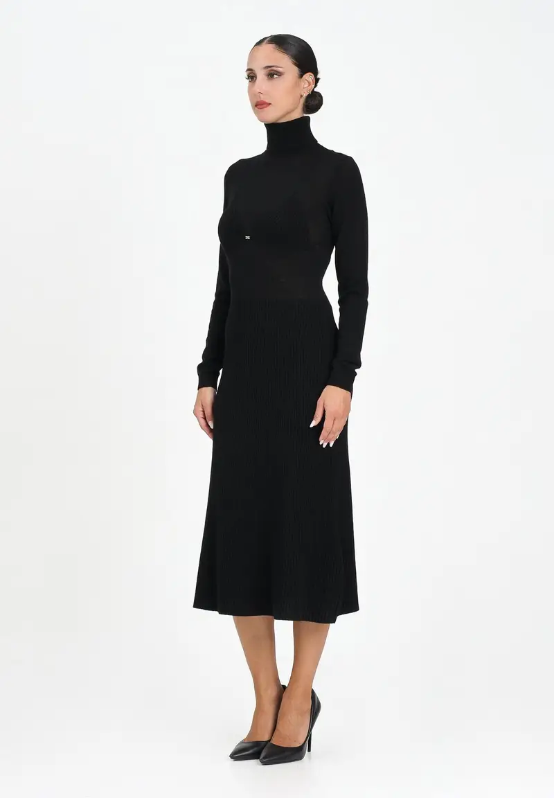 ELISABETTA FRANCHI Abito midi in maglia nera da donna con collo dolcevita