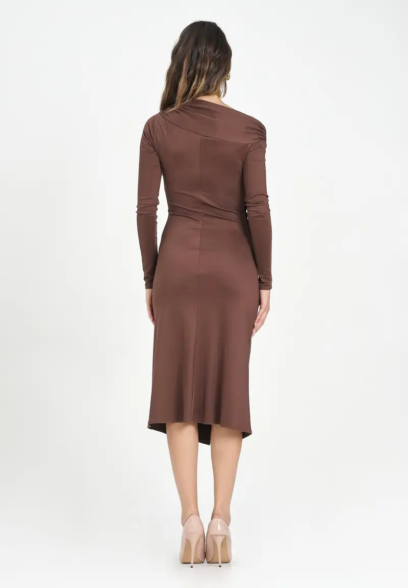 ELISABETTA FRANCHI Abito midi marrone da donna con bottoni gioiello miniatura 3