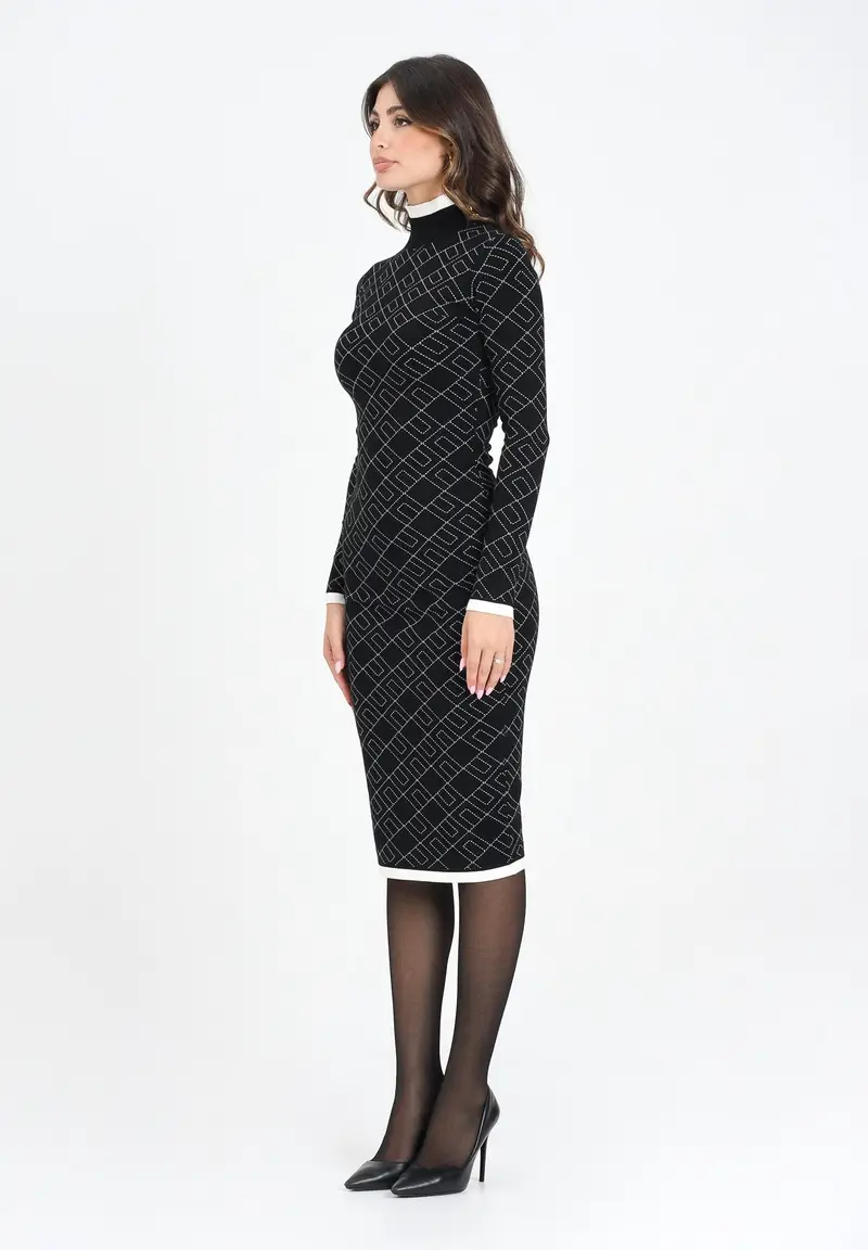 ELISABETTA FRANCHI Abito midi nero da donna in maglia jacquard bi-color