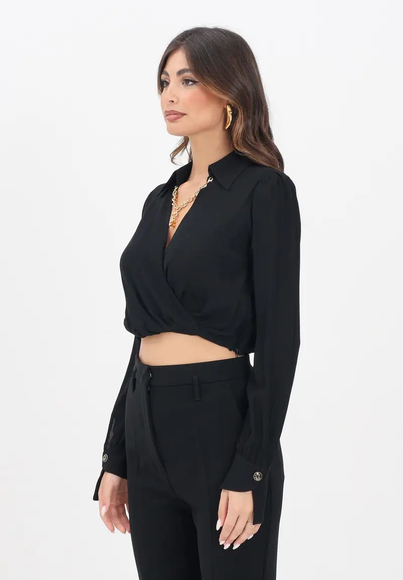 ELISABETTA FRANCHI Blusa cropped nera da donna con dettaglio gioiello