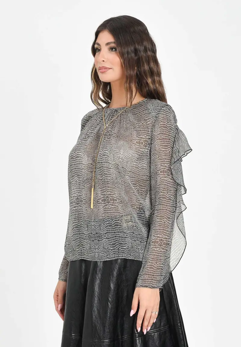 ELISABETTA FRANCHI Blusa nera da donna caratterizzata da stampa effetto pitonato