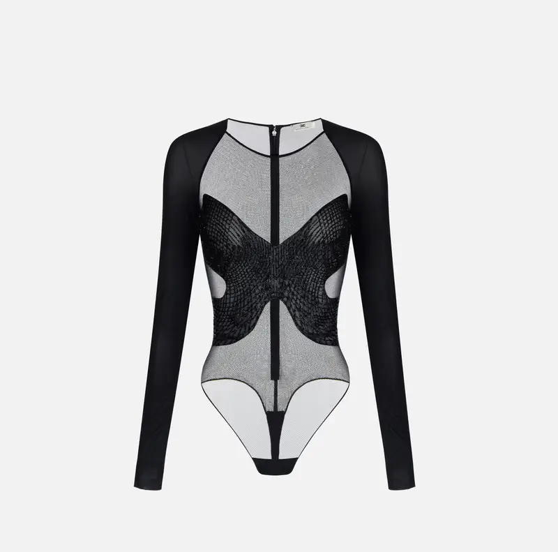 Body in jersey e tulle con cristalli