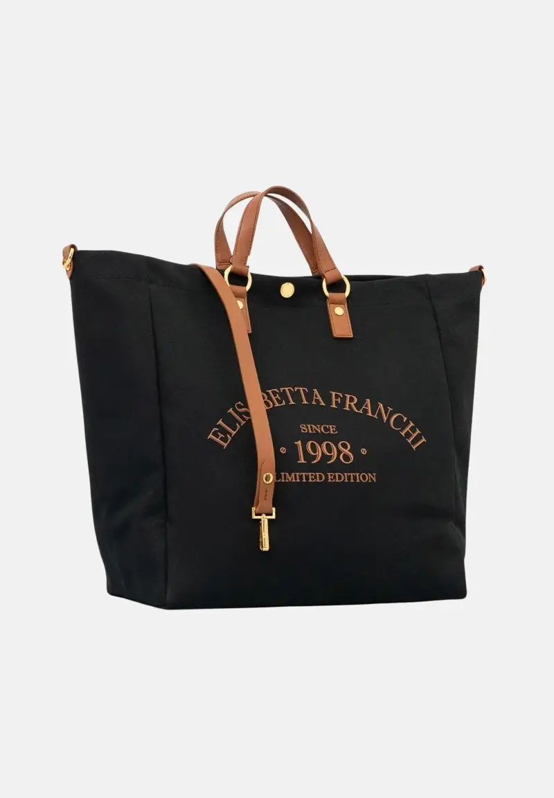 Borsa mare nera e cuoio da donna con logo miniatura 2