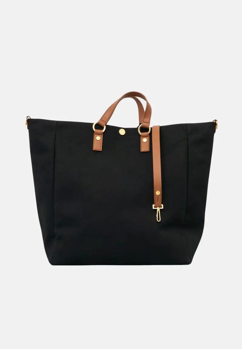 Borsa mare nera e cuoio da donna con logo miniatura 3