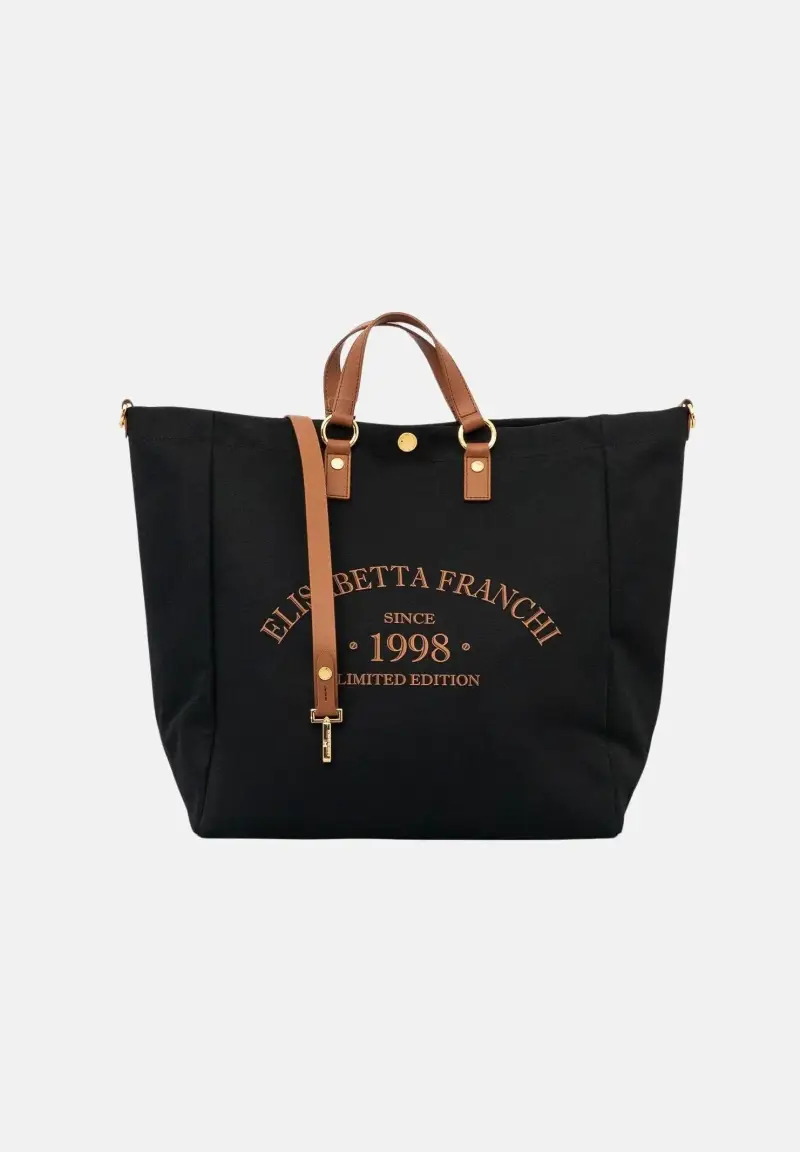 Borsa mare nera e cuoio da donna con logo