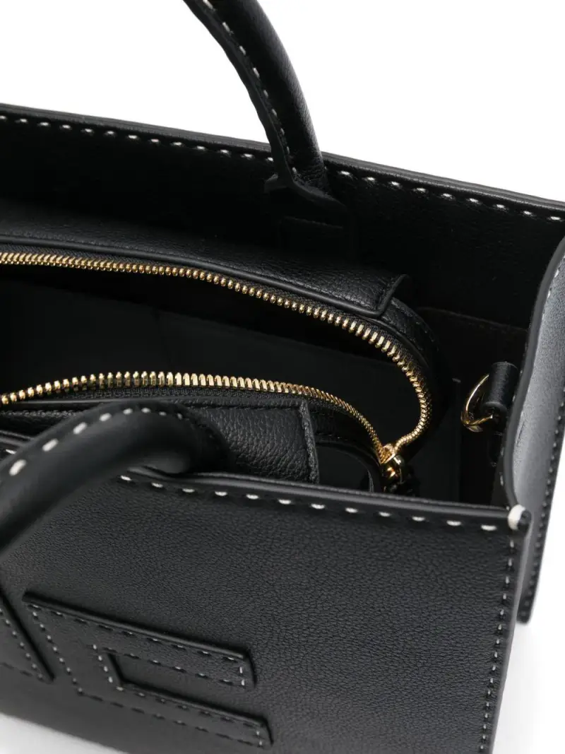 Borsa tote piccola con impunture a contrasto nero miniatura 3