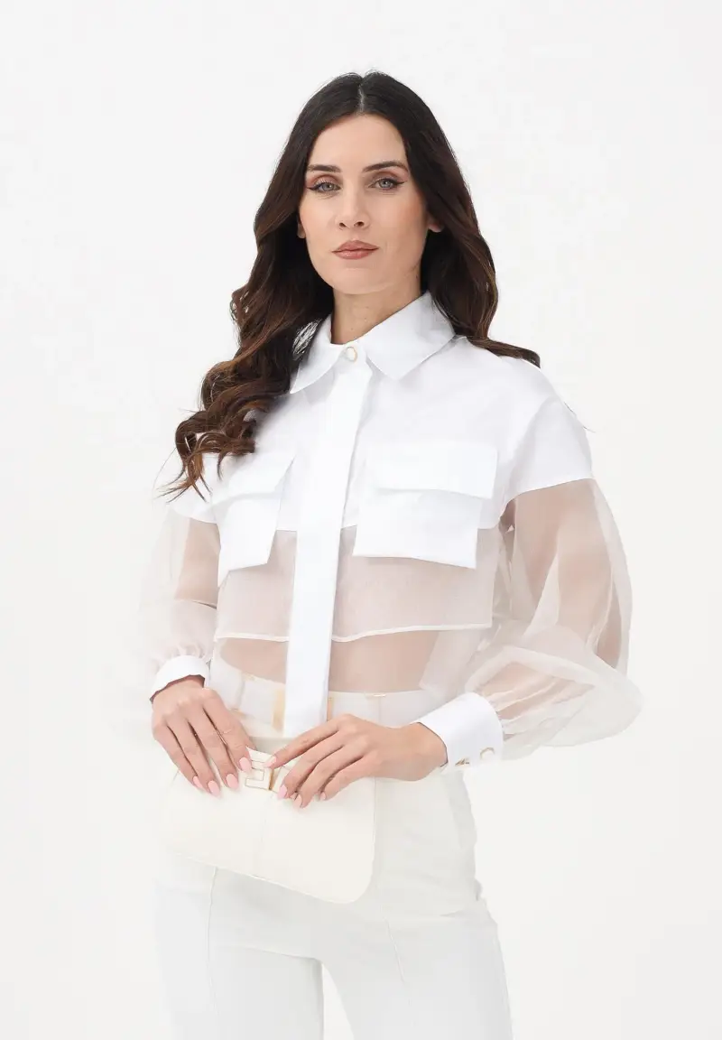 Camicia a manica lunga bianca da donna con inserto in tulle miniatura 2