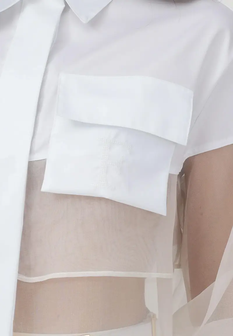 Camicia a manica lunga bianca da donna con inserto in tulle miniatura 3