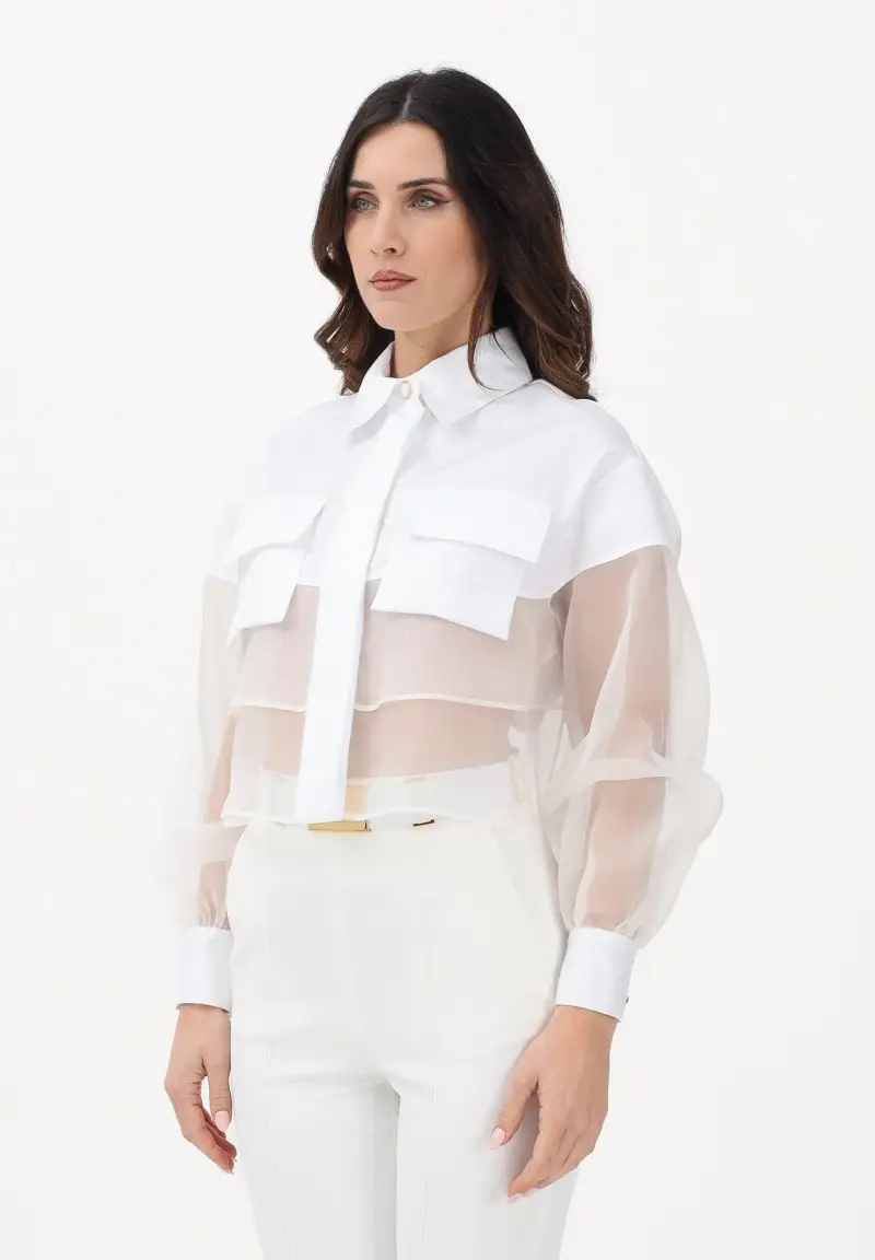 Camicia a manica lunga bianca da donna con inserto in tulle